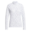 The Adidas Ultimate365 Printed Quarter-Zip Long-Sleeve Polo Shirt in white features a stand-up collar and a subtle crisscross line pattern in light grey and purple.