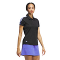 A woman faces forward against a white background, wearing an Adidas Ultimate365 Womens Printed Polo— a black, short-sleeve, moisture-wicking golf shirt with light purple accents— paired with a light purple skirt. Brand: Adidas.