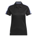 The Adidas Ultimate365 Womens Printed Polo is a black, short-sleeve golf shirt with a collar and buttons, featuring light purple patterned shoulder stripes. This moisture-wicking Adidas polo combines style and comfort for any round.