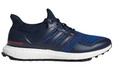 The Adidas Men's Ultraboost Golf Shoes in Navy/Red feature a cushioned white BOOST™ sole, breathable mesh upper, and bold Ultraboost branding