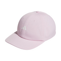 The Adidas Womens Crisscross Hat in Clear Pink by golf360nz features a white, stylized Adidas logo, small circular front text, stitched eyelets, a curved brim, and moisture-wicking comfort for all-day wear.