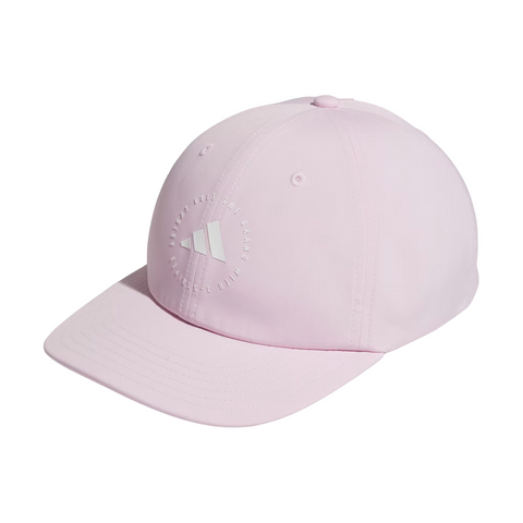The Adidas Womens Crisscross Hat in Clear Pink by golf360nz features a white, stylized Adidas logo, small circular front text, stitched eyelets, a curved brim, and moisture-wicking comfort for all-day wear.