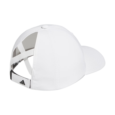 The Adidas Womens Crisscross Hat in white, viewed from the back, showcases a ponytail-friendly open crisscross design and an adjustable strap featuring the Adidas logo.