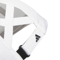 Close-up of the Adidas Womens Crisscross Hat in white, showing ponytail-friendly elastic straps, an adjustable black buckle, and a small black Adidas logo stitched near the strap.