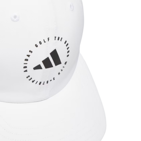 The Adidas Womens Crisscross Hat in white features a black circular ADIDAS GOLF THE BRAND logo, three black stripes, and a ponytail-friendly design—ideal for comfort on the golf course.