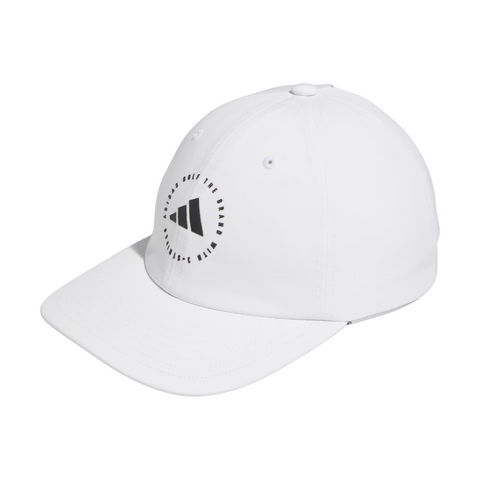The Adidas Womens Crisscross Hat in white features a curved brim, black Adidas logo with circular text on the front left panel, is ponytail-friendly, and includes ventilation eyelets plus a top button for comfort.
