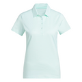 The Adidas Women's Ottoman Short Sleeve Polo Shirt in Flash Aqua features a collared, four-button design, breathable Ottoman fabric with subtle stripes, moisture-wicking comfort