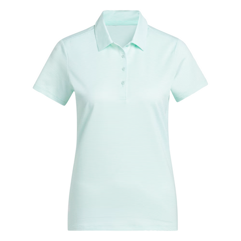 The Adidas Women's Ottoman Short Sleeve Polo Shirt in Flash Aqua features a collared, four-button design, breathable Ottoman fabric with subtle stripes, moisture-wicking comfort