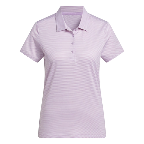 The Adidas Women’s Ottoman Short Sleeve Polo Shirt in Powder Plum features subtle horizontal stripes, a collared button-up placket, and soft ottoman rib knit, making it an ideal stylish golf shirt.