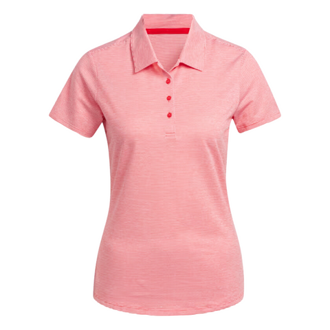 The Adidas Women's Ottoman Short Sleeve Polo Shirt in Pure Ruby features short sleeves, a collar, four front buttons, and thin white stripes, shown on a white background.