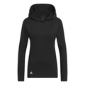 The Adidas Women's Performance Golf Hoodie in black, made from soft stretch fabric, is shown from the front on a white background with the Adidas logo near the lower left hem.