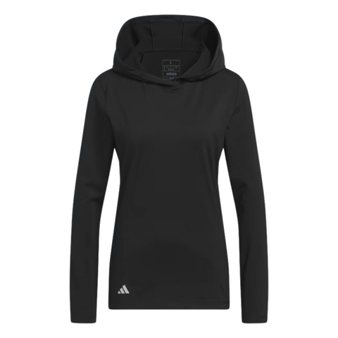 The Adidas Women's Performance Golf Hoodie in black, made from soft stretch fabric, is shown from the front on a white background with the Adidas logo near the lower left hem.