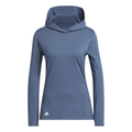 The Adidas Women's Performance Golf Hoodie in blue, made from soft stretch fabric with long sleeves and a hood, features a subtle white Adidas logo near the left hem and is shown on a plain white background.
