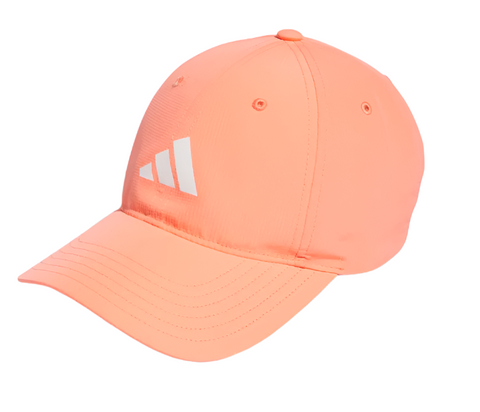 The Adidas Womens Tour Badge Hat in Coral Fusion features a white logo, moisture-wicking design, and is ideal for sunny days—perfect for women golfers. Brand: Adidas. Color: Coral Fusion.