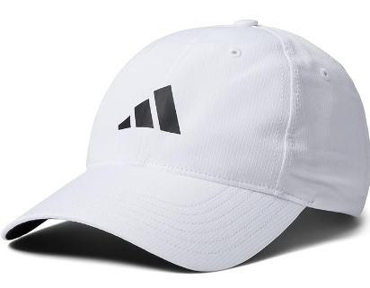 The Adidas Womens Tour Badge Hat is a white golf cap with a black geometric logo on the front, designed for moisture wicking and shown at a sporty angle.