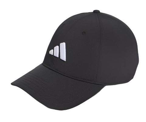 The Adidas Womens Tour Badge Hat in black features a white geometric Adidas logo on the front. This stylish women’s golf cap offers moisture-wicking comfort, making it ideal for all-day wear on or off the course.