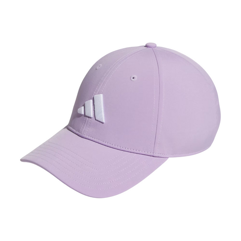 The Adidas Womens Tour Badge Cap is a light purple golf hat with a curved brim, moisture-wicking fabric, and an embroidered white Adidas logo on the front, shown on a white background.