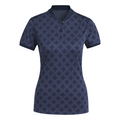 The Adidas Womens Ultimate365 Jacquard Short Sleeve Polo Shirt in Collegiate Navy features a subtle diamond pattern, four-way stretch, buttoned collar, and fitted waist—perfect as a moisture-wicking golf shirt. Shown on a plain white background.