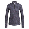 The Adidas Women's Ultimate365 Long Sleeve Shirt in Black Noir features an abstract pink, purple, and white grid pattern, UV 50+ fabric, a high collar, and a partial front zipper