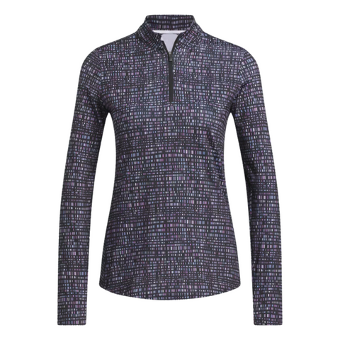 The Adidas Women's Ultimate365 Long Sleeve Shirt in Black Noir features an abstract pink, purple, and white grid pattern, UV 50+ fabric, a high collar, and a partial front zipper—perfect for style and sun protection on the course.