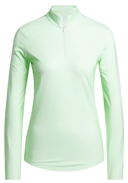 The Adidas Womens Ultimate365 Printed Quarter-Zip Pullover is a light green, long-sleeve golf top with a mock neck and half-zip front, made from recycled materials for sweat-wicking comfort. Displayed on a white background.