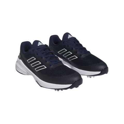 Adidas Men's ZG23 Vent Golf Shoes (US 9 Only) in black and white, featuring Boost technology, white soles, and three white stripes on the sides, are displayed against a plain white background.