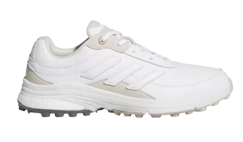 White Adidas sneaker with a gray sole on a white background