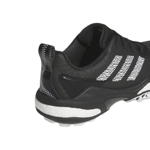 Rear side view of the Adidas CodeChaos 25 Golf Shoes in black, showing a supportive heel tab, textured synthetic upper, and signature Adidas three stripes in white. The midsole features Boost cushioning for comfort, with a durable outsole for enhanced grip.