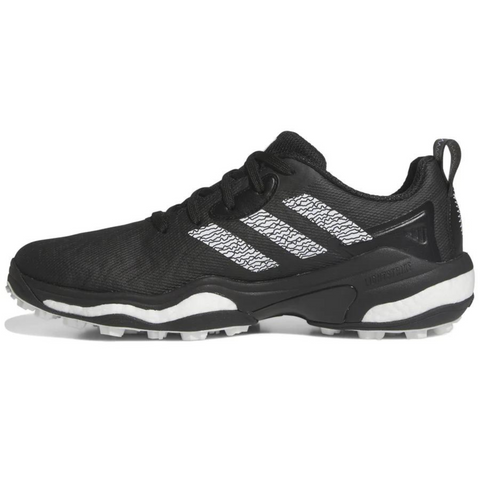 Side view of Adidas CodeChaos 25 Golf Shoes, black with white textured stripes, Boost midsole, breathable mesh upper, spikeless outsole for grip.