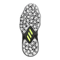 Sole view of the Adidas CodeChaos 25 Golf Shoes in black, showcasing a spikeless outsole with a white and black zigzag pattern for traction, accented with neon green stripes at the midsole for added style and grip.