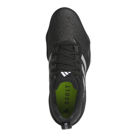 Top view of the Adidas CodeChaos 25 Golf Shoes in black, featuring a textured synthetic upper, black laces, and a visible green Boost insole. The shoe’s design highlights a sleek, lightweight construction for performance.