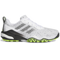 Side view of Adidas CodeChaos 25 Golf Shoes in white, featuring black and white textured detailing, a Boost midsole for cushioning, and lime-green spikeless outsole for grip. Breathable mesh upper with the signature three-stripe branding.