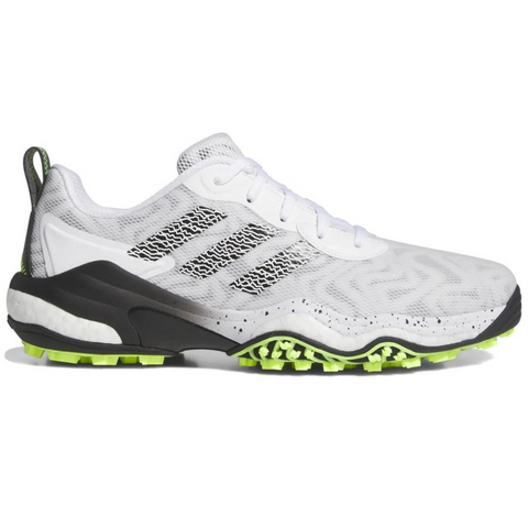 Side view of Adidas CodeChaos 25 Golf Shoes in white, featuring black and white textured detailing, a Boost midsole for cushioning, and lime-green spikeless outsole for grip. Breathable mesh upper with the signature three-stripe branding.