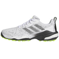 Side view of the Adidas CodeChaos 25 Golf Shoes in white, featuring a breathable mesh upper with black accents on the three stripes, a spikeless outsole with neon green traction elements, and a cushioned midsole designed for comfort and support.