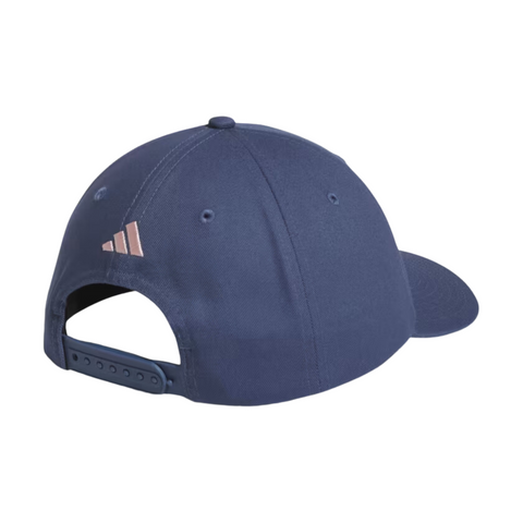 Back of a blue Adidas Golf Love hat with a pink Adidas logo on the back. Adjustable snapback closure for a custom fit.