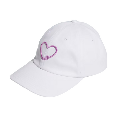 White Adidas Golf Love hat with a medium pink embroidered heart design, featuring a golf tee forming the heart’s base. Simple and minimalistic style.