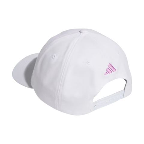 Back of a white Adidas Golf Love hat with a pink Adidas logo on the back. Adjustable snapback closure for a custom fit.