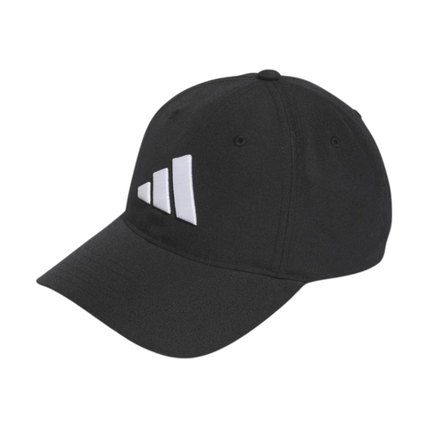 Front view of a black Adidas Performance golf hat with a white Adidas logo on the front, tonal stitching, and a curved brim.