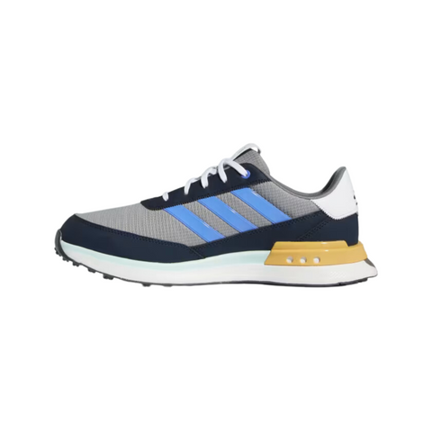 Side view of the Adidas S2G SL 24 Wide Golf Shoes featuring a gray mesh upper with light blue Adidas stripes, a navy toe cap and heel, white laces, and a cushioned midsole with a mustard yellow accent on the heel for added support and style. The spikeless outsole provides versatile grip on and off the course.