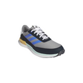 Top front view of the Adidas S2G SL 24 Wide Golf Shoes, showcasing a sleek design with a combination of light gray mesh upper, blue accents, and a contrasting yellow heel support. The shoe features the iconic Adidas three-stripe branding along the side for a modern, sporty look.