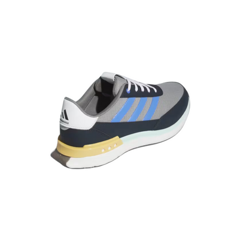 Top side view of the Adidas S2G SL 24 Wide Golf Shoes, showcasing a sleek design with a combination of light gray mesh upper, blue accents, and a contrasting yellow heel support. The shoe features the iconic Adidas three-stripe branding along the side for a modern, sporty look.