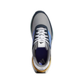 Top view of the Adidas S2G SL 24 Wide Golf Shoes, showing a gray mesh upper with white laces, navy accents near the tongue, and light blue Adidas stripes on the sides. The shoe has a mustard yellow heel detail and a padded interior for comfort.