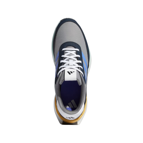 Top view of the Adidas S2G SL 24 Wide Golf Shoes, showing a gray mesh upper with white laces, navy accents near the tongue, and light blue Adidas stripes on the sides. The shoe has a mustard yellow heel detail and a padded interior for comfort.