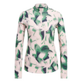 Adidas Ultimate365 Women's Long Sleeve Golf Shirt in Sandy Pink features an abstract green and navy print on a light pink base. The shirt has a mock neck and a half-zip front. It is designed for a relaxed fit with full-length sleeves.