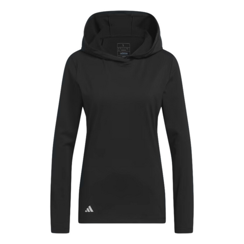 Adidas women's performance golf hoodie in black, featuring long sleeves, a lightweight, moisture-wicking fabric, and a minimalist Adidas logo in white on the lower left.