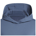 Close-up view of the hood on an Adidas women’s performance golf hoodie in slate blue, showing the lightweight, moisture-wicking fabric and stitching detail.