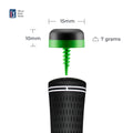 A black and green Arccos Smart Sensors Gen 4 Green by Arccos, measuring 15mm wide, 10mm tall, and weighing 7g, is displayed above a golf club grip with measurement labels and the PGA Tour logo in the top left corner.