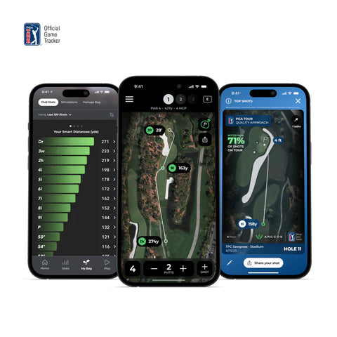 Three smartphones show Arccos Smart Sensors Gen 4 Green apps: the left displays a shot distance bar chart, the center features AI GPS rangefinder with auto shot tracking, and the right shows detailed course stats using Arccos Smart Sensors.
