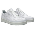 The Asics Japan S Mens Golf Shoes by Asics are white spikeless shoes with white laces, a light gray sole, subtle stitching, and logo details. Displayed on a plain white background, they feature a simple, clean design.