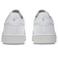 Two white Asics Japan S Men’s Golf Shoes seen from the back, featuring the ASICS logo on each heel. These shoes have a clean, minimalist design with light gray textured soles and a soft gray inner lining.